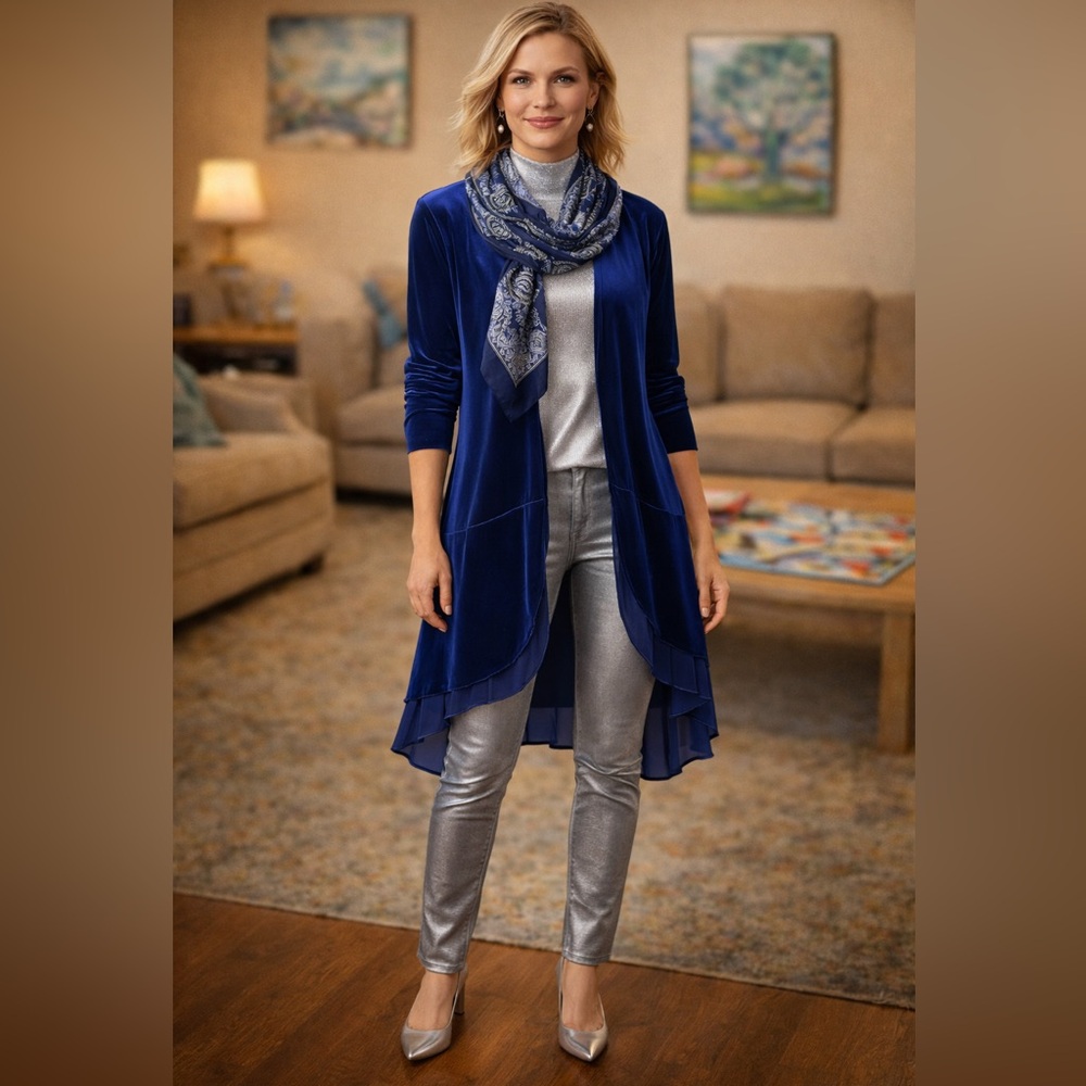 Urban Coco, Stunning Rich Cobalt Swing Velvet Duster,Open-Front,Lined,EUC,Size L